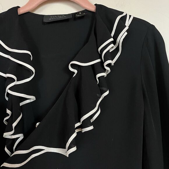 Dana Buchman Black Tuxedo Ruffle Wrap Long Sleeve‎ 100% Silk Blouse SZ 6 Medium - Picture 4 of 16